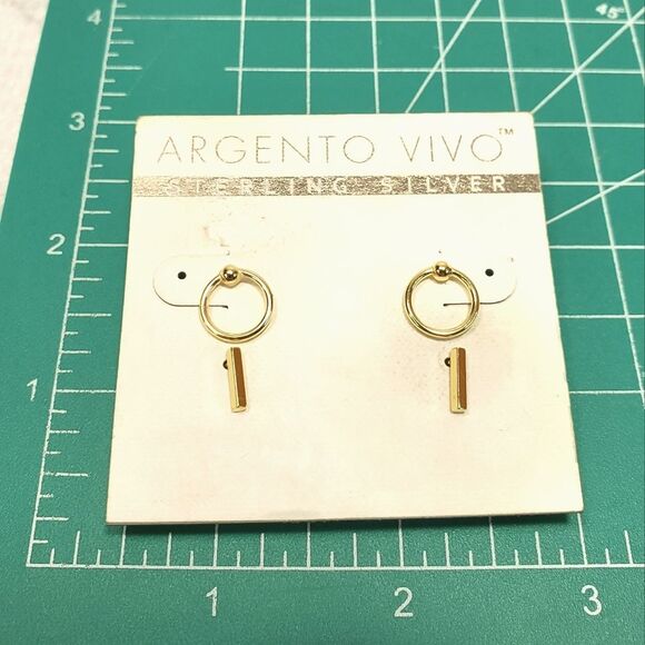 Argento Vivo 925 Sterling Silver Gold Mini Hoops Bar Stud Earring Set Minimalist - Picture 3 of 4